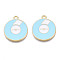 Alloy Enamel Pendants, Cadmium Free & Nickel Free & Lead Free, Light Gold, Flat Round with Word WOW, Sky Blue, 23x20x1.5mm, Hole: 2mm