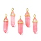 Cherry Quartz Glass Pointed Pendants, with Random Brass Pendant Hexagon Bead Cap Bails, Golden, Bullet, 38.5~40x12~12.5x10~11mm, Hole: 3x4.5mm
