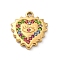 304 Stainless Steel Pendants, with Rhinestone, Ion Plating(IP), Real 14K Gold Plated, Heart, Colorful, 16.5x15x2.5mm, Hole: 1.8mm