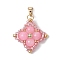 Dyed Natural Yellow Jade & Glass Seed Beaded Woven Pendants, Star Charms with 304 Stainless Steel Snap on Bails, Golden, Pink, 25x25x6mm, Hole: 6.5x3mm