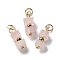 Natural Rose Quartz Cuboid Beaded Pendants, with 304 Stainless Steel Loops, Golden, 17~17.5x5.5~6x5.5~6mm, Hole: 3.5mm
