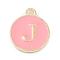 Golden Plated Alloy Enamel Charms, Enamelled Sequins, Flat Round with Alphabet, Letter.J, Pink, 14x12x2mm, Hole: 1.5mm