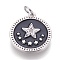 Brass Enamel Pentacle Pendants, with Cubic Zirconia, Flat Round with Star, Black, Platinum, 18x16x2mm, Hole: 3.5mm