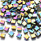 Electroplate Glass Seed Beads, 2-Hole, Rectangle, Multi-color Plated, 5x4.5~5.5x2~2.5mm, Hole: 0.5~0.8mm