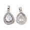 Brass Micro Pave Cubic Zirconia Pendants, Cadmium Free & Nickel Free & Lead Free, with Glass, Teardrop Charms, Platinum, Clear, 18x12x6mm, Hole: 3x5mm