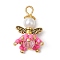 Handmade Nylon Wired Glass Beaded Pendants with Alloy Beads and Glass Pearl Beads, Angel, Hot Pink, 23x14~16x13~15mm, Hole: 3.5x3mm