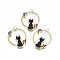 Alloy Enamel Pendants, Cadmium Free & Lead Free, Flat Round with Cat, Black, 28x22x2mm, Hole: 1.8mm