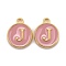 Golden Plated Alloy Enamel Charms, Cadmium Free & Lead Free, Enamelled Sequins, Flat Round with Letter, Pink, Letter.J, 14x12x2mm, Hole: 1.5mm