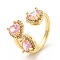 Pink Cubic Zirconia Triple Heart Open Cuff Ring, Rack Plating Brass Wide Ring for Women, Cadmium Free & Lead Free, Golden, US Size 7 1/4(17.5mm)