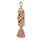 Handmade Macrame Nylon Thread Pendant Decorations, Alloy Clasps Charms for Bag or Keychain Ornaments, Rectangle, Tan, 170mm