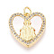 Brass Micro Pave Clear Cubic Zirconia Pendants, Cadmium Free & Lead Free, with Shell, Heart with Jesus Maria Catholic, with Jump Ring, Real 18K Gold Plated, 18.5x18x3mm, Hole: 3mm