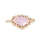 Golden Plated Brass Pave Clear Cubic Zirconia Connector Charms, Cadmium Free & Lead Free, Glass Heart Links, Pink, 24x13x5mm, Hole: 1.5mm