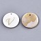 Natural Freshwater Shell Pendants, with Golden Plated Brass Etched Metal Embellishments, Flat Round with Letter, Letter.V, 15x2mm, Hole: 1.2mm