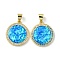 Brass Micro Pave Cubic Zirconia Pendants, with Synthetic Opal, Flat Round, Cadmium Free & Lead Free, Real 18K Gold Plated, 19x17x3mm, Hole: 5x4mm