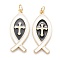 Real 18K Gold Plated Brass Pendants, with Enamel, Long-Lasting Plated, Christian Ichthys Ichthus with Cross, White, 30.5x12.5x1.5mm, Jump Ring: 5x0.7mm, 3.6mm inner diameter