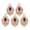 Brass Micro Pave Cubic Zirconia Links Connectors, with Glass, Long-Lasting Plated, Teardrop, Light Gold, Red, 20x12x5mm, Hole: 1.4mm