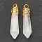 Bullet Natural Quartz Crystal Pointed Pendants, Rock Crystal Pointed Pendants, with Platinum Tone Alloy Findings, 33~40x8~10mm, Hole: 3x2mm
