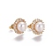 Brass Micro Pave Cubic Zirconia Stud Earrings, with Pearl, Golden, Clear, 20.8x14mm, Pin: 0.7mm