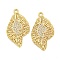 Brass Micro Pave Clear Cubic Zirconia Pendantsn, Leaf Charms, Cadmium Free & Nickel Free & Lead Free, Real 18K Gold Plated, 24x13x1.5mm, Hole: 1mm