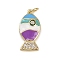 Brass Micro Pave Cubic Zirconia Pendants, Fish, with Enamel, Rack Plating, Long-Lasting Plated, Cadmium Free & Lead Free, with Jump Ring, Real 18K Gold Plated, Purple, 19x9.5x3mm, Hole: 3mm