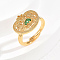 Elegant Hollow Brass Micro Pave Cubic Zirconia Adjustable Finger Rings for Women, Heart-shaped Lock Buckle, Golden, Green, 18x15mm, Inner Diameter: Adjustable