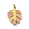 304 Stainless Steel Enamel Charms, with Jump Ring, Leaf Charm, Real 18K Gold Plated, Ion Plating(IP), Pink, 14.5x11.5x1.2mm, Hole: 3mm