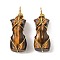 Natural Tiger Eye Pendants, with Golden Tone Rack Plating Brass Wire Wrap, Long-Lasting Plated, Lead Free & Cadmium Free, Human, 52x18.5x2.2mm, Hole: 4.8mm