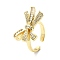Rack Plating Brass Micro Pave Cubic Zirconia Open Cuff Rings, Cadmium Free & Lead Free, Long-Lasting Plated, Bowknot, Real 18K Gold Plated, Inner Diameter: 17.8mm