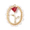 Glass Seed Beaded Oval with Rose Pendants, with Alloy Enamel Charm & Real 18K Gold Plated 304 Stainless Steel Open Jump Rings, White, 33.5x28.5x9mm, Hole: 3.5mm