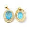 Real 16K Gold Plated Brass Micro Pave Cubic Zirconia Pendants, Cadmium Free & Lead Free, with Glass, Oval Charms, Sky Blue, 23x17x8mm, Hole: 5x3.5mm