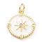 Brass Micro Pave Cubic Zirconia Pendants, with Enamel, Long-Lasting Plated, Real 18K Gold Plated, Flat Round with Sun, White, 17x15x2mm, Hole: 3.5mm