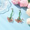 Brass Glass Dangle Stud Earrings, Flower, with 304 Stainless Steel, Pink, 90mm