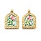 304 Stainless Steel Enamel  Pendants, with Resin and ABS Imitation Pearl, Arch with Bear Charms, Ion Plating(IP), Real 18K Gold Plated, Light Green, 30x22x6mm, Hole: 3mm