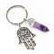 Natural Amethyst Pendant Keychains, with Alloy Pendants and Iron Rings, Bullet Shape with Hamsa Hand, 7.2cm