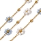 304 Stainless Steel Flower Link Chains, with Glass & ABS Plastic Pearl, Rack Plating, Long-Lasting Plated, Ion Plating(IP), Soldered, with Spool, Real 18K Gold Plated, Light Steel Blue, 1.7x1.3x0.6mm