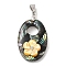 Natural Paua Shell Pendants, Oval Charms with Brass Rhinestone Findings and Natural Dyed White Shell Flower, Platinum, 31x21x8mm, Hole: 5x3.5mm