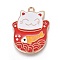 Alloy Enamel Lucky Kitten Pendants, Maneki Neko/Beckoning Cat with Fish Shape, Light Gold, Red, 32.5x25x2mm, Hole: 2mm