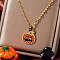 Halloween Witch Hat Pumpkin 304 Stainless Steel Enamel Pendant Dapped Chain Necklaces, Creative Holiday Accessories, Golden, Orange, 15.75 inch(40cm)