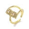 Brass Pave Cubic Zirconia Open Cuff Rings, Cadmium Free & Nickel Free & Lead Free, Rectangle, Real 18K Gold Plated, US Size 7(17.3mm)