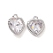 Brass Pendants with Clear Glass, Heart Charms, Platinum, 9x7.5x3.5mm, Hole: 1mm