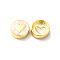 Rack Plating Brass Enamel Beads, with Shell Chips, Long-lasting Plated, Cadmium Free & Lead Free, Flat Round with Heart, Golden, Misty Rose, 11x4.5mm, Hole: 1.8mm
