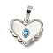 Brass Enamel Pendants, Cadmium Free & Lead Free, with Shell, Heart with Evil Eye Charms, Platinum, 14x16x3mm, Hole: 4x6.5mm