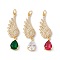 Rack Plating Brass Micro Pave Cubic Zirconia Pendants, with Jump Ring, Cadmium Free & Nickel Free & Lead Free, Real 18K Gold Plated, Wing with Teardrop, Mixed Color, 37x10x4mm, Jump Ring: 5x0.8mm, Inner Diameter: 3.4mm