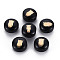 Handmade Lampwork Beads, with Golden Plated Brass Etched Metal Embellishments, Flat Round with Owl, Black, 8x5~6mm, Hole: 0.8mm