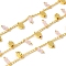 Brass Flat Round Link Chains, with Glass, Rack Plating, Long-Lasting Plated, Lead Free & Cadmium Free, Real 18K Gold Plated, Soldered, with Spool , Pink, 3x2x0.5mm and 8.5x5x2.5mm and 9x3.7mm