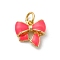 Brass Enamel Charms, Bowknot Charm, with Jump Ring, Cadmium Free & Lead Free, Rack Plating, Long-Lasting Plated, Real 18K Gold Plated, Cerise, 11x11.5x4mm, Hole: 3.5mm