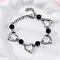 201 Stainless Steel Heart Link Chain Bracelets, Glass Beads Bracelets with 304 Stainless Steel Clasps, Black, 7-5/8 inch(19.3cm)
