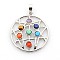 Vintage Chakra Jewelry Gemstone Pendants, with Alloy Findings, Flat Round, Platinum, 38x34x4mm, Hole: 5x8mm