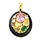 Brass Micro Pave Cubic Zirconia Pendants, with Enamel, Real 14K Gold Plated, Oval with Flower, Black, 23.5x17.5x5mm, Hole: 3x4.5mm