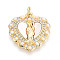 Brass Micro Pave Clear Cubic Zirconia Pendants, Cadmium Free & Lead Free, Heart with Saint Jude, with Shell & ABS Imitation Pearl, with Jump Ring, Real 18K Gold Plated, 20x20x3mm, Hole: 3.5mm